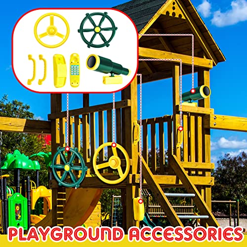 Pirate Ship Playground Accessories Set - Ship Wheel, Telescope, Toy Phone, Safety Handles (Yellow/Green)