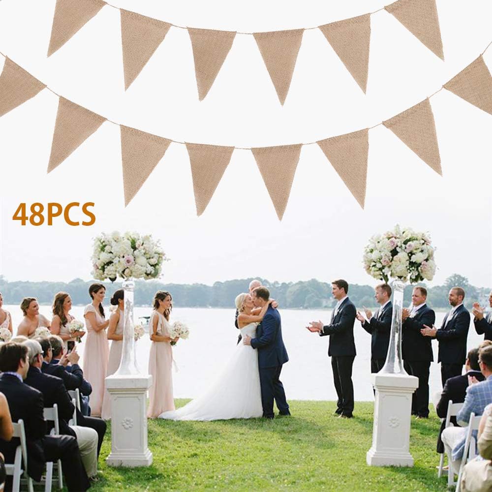 Dandelionsky 10Meters 48Pcs Hessian Bunting Flags Vintage Wedding Bunting Flags Fabric Rustic Streamer Burlap Flag Banner for Wedding Party Birthday 18x18x13cm (Linen) - Image 3