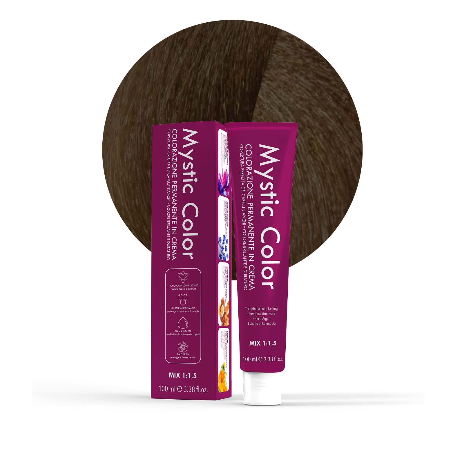 Mystic Color - Permanent Cream Colouring with Argan Oil and Calendula - Long Lasting Hair Dye - Light Tobacco Chestnut Brown Dye Permanent 5.8-100ml