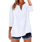 Womens Cotton Button Down Shirts 3/4 Sleeve Casual Loose Fit V Neck Stylish Breathable Summer Spring Blouses Top
