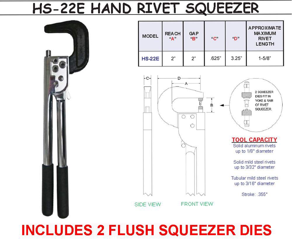 Hand Rivet Squeezer For Solid & Tubular Rivets, With A 2" Reach, & 2