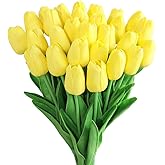 Kisflower 30Pcs Latex Tulips Real Touch Yellow Artificial Flowers Fake Tulips Arrangement Bouquet for Home Office Wedding Decor (Yellow)
