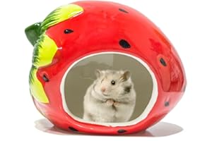 Besimple Hamster Hideout, Small Animal Hideout Ceramic Pet House, Adorable Shape Hamster House Cave Mini Hut Cage Critter Bath House for Chinchilla(Strawberry)