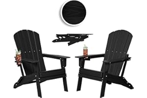 Plawdlik Folding Adirondack Chair, Cup Holder, SGS Tested, Wooden Textured，Heavy All-Weather HDPE Comfortable Set Poolside Backyard Lawn Black Set 2