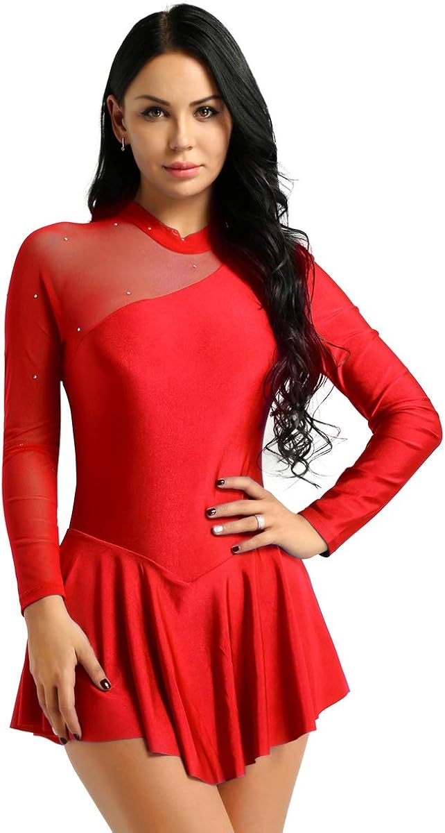 CHICTRY Women's Long Sleeve Mesh Skirt Figure Skating Dress Built in Briefs Ballet Dace Wrap Skirt: Clothing