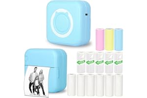 Vicbear Mini Thermal Inkless Sticker Printer with 14 Rolls Paper, Compatible with iPhone/Android Phone/Tablet, Mini Pocket Printer for Photos/Stickers/Labels/Notes, Blue