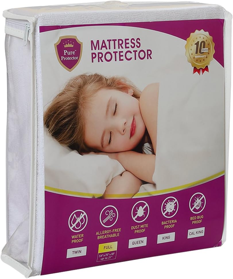 PURE PROTECTOR Hypoallergenic Soft Terry Mattress Protector,Waterproof,Dust Mite Proof,Bacteria Proof,Breathable,Noiseless,Allergy-Free,Vinyl Free,Fitted Cover Design (White, Queen)