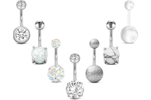 FECTAS 14g Belly Button Rings Surgical Steel CZ with Retainers Navel Ring Barbell for Women Girls Body Piercing Jewelry Rose Gold Silver