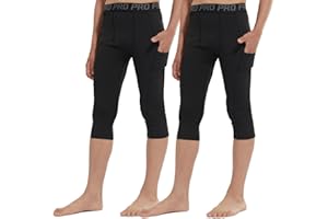 2 Pack One Leg Compression Tights for Basketball Boys 3/4 Capri Leggings with Pockets Athletic Baselayer for Sports Running