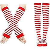 SUNDECO Red and White Striped High Knee Socks & Long Arm Warmer Gloves Set - 4 Pairs for Birthday, Cosplay Costume Dress Up, Cheerleading, and Halloween Party Costume Accessories