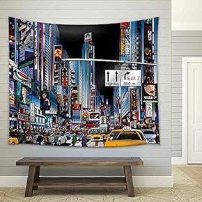 Vector Illustration of a Street in New York City at Night - Fabric Wall Tapestry Home Decor - 51x60 inches