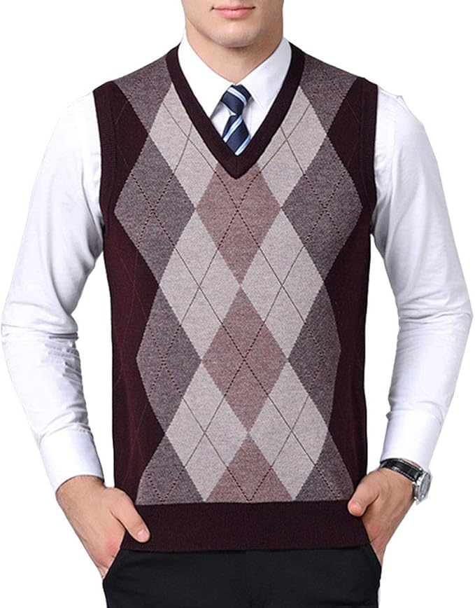 Men's Casual Rhombus Argyle Pattern V Neck Plain Knitted Sweater Vest