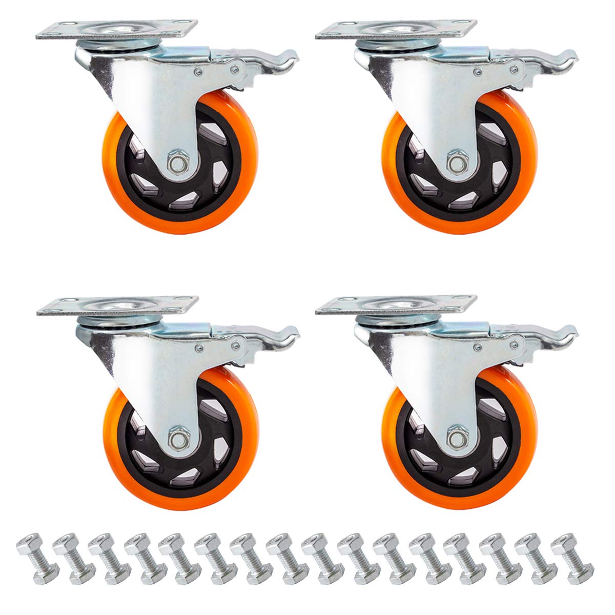 D&L 4 Inch Swivel Casters Wheels 2000lbs Heavy Duty Casters with Brake Polyurethane Dual Locking Casters Set of 4 Orange DL-I4O-002