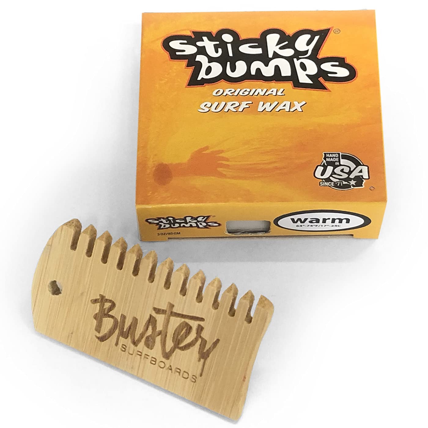 Buster Surfboards Sticky Bumps Original Surfboard Wax Set with Surf Grip Surf Wax Bamboo Wax Comb Temperature Warm/Tropical 20°C - 28°C Non-Slip Board Wax with Comb