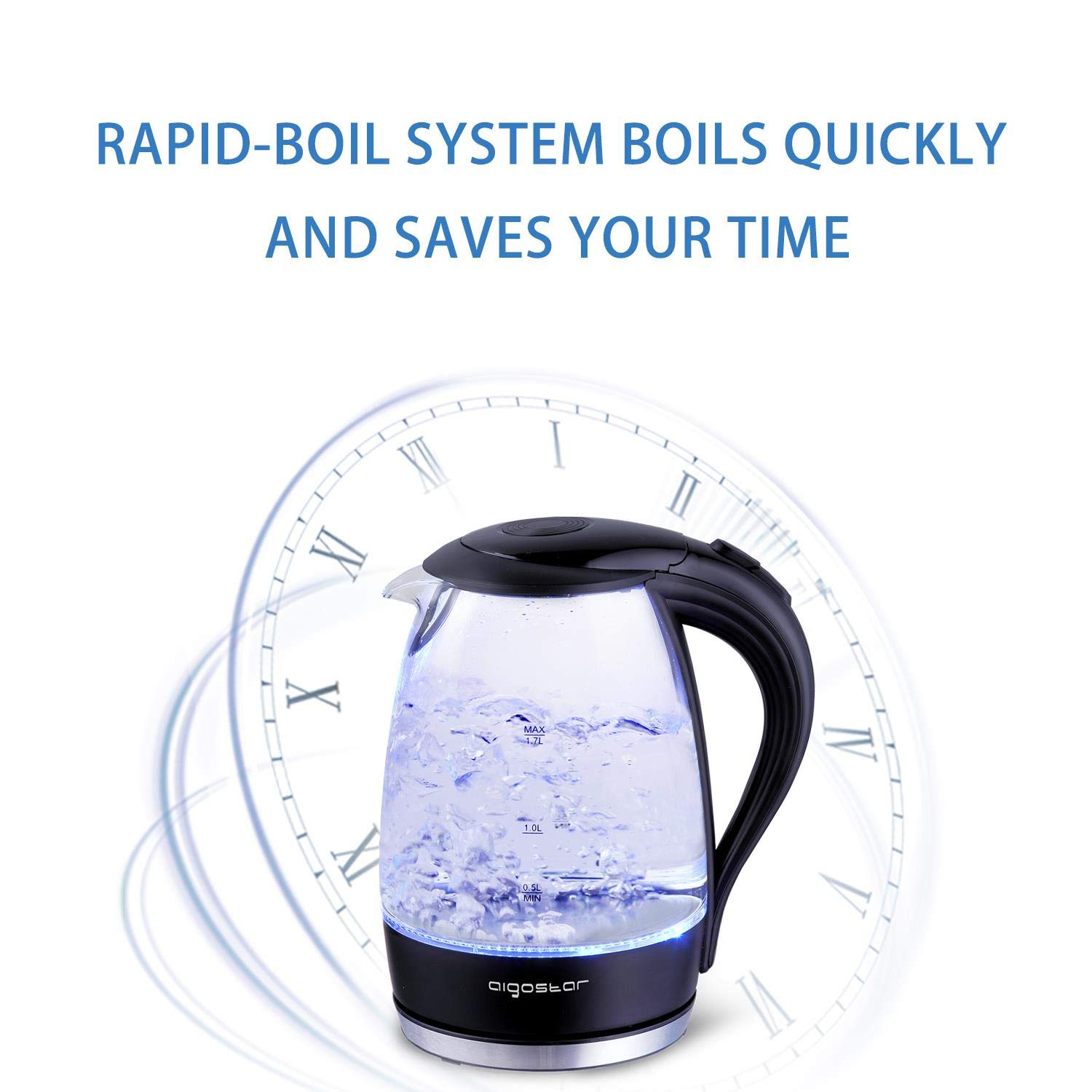 Aigostar Adam - Electric Water Kettle 1.7L 57OZ Kitchen Kettle Pot for Tea Coffee with Blue Led