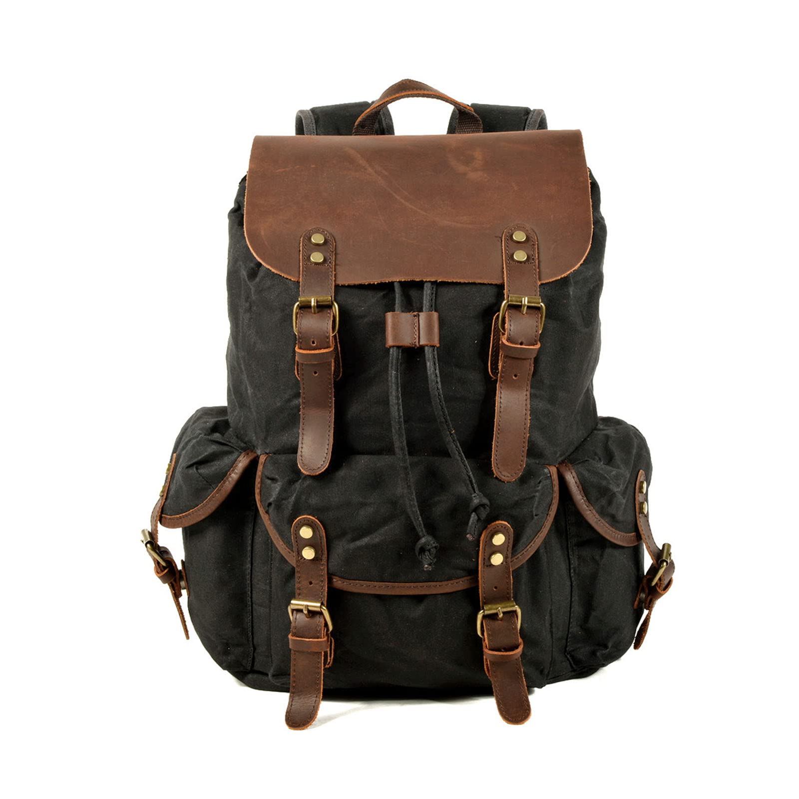 FANDARE Outdoor Backpack Leather-Waxed Canvas Hiking Daypacks Vintage Travel Trekking Rucksack for Men Women Sport Camping Mountaineer Knapsack Black