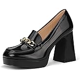 IDIFU IN4 Platform Heels Closed Square Toe Chunky Block High Penny Loafers Pumps with Metal Chain Wedding Prom Graduation Formal Dress Shoes for Women Dressy Slip On Thick Uniform Platform Pumps