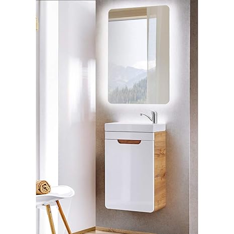 Keramik Waschtisch Und Led Spiegel Lomadox Badmobel Gaste Wc Bad Set Luton 56 In Hochglanz Weiss Mit Wotaneiche