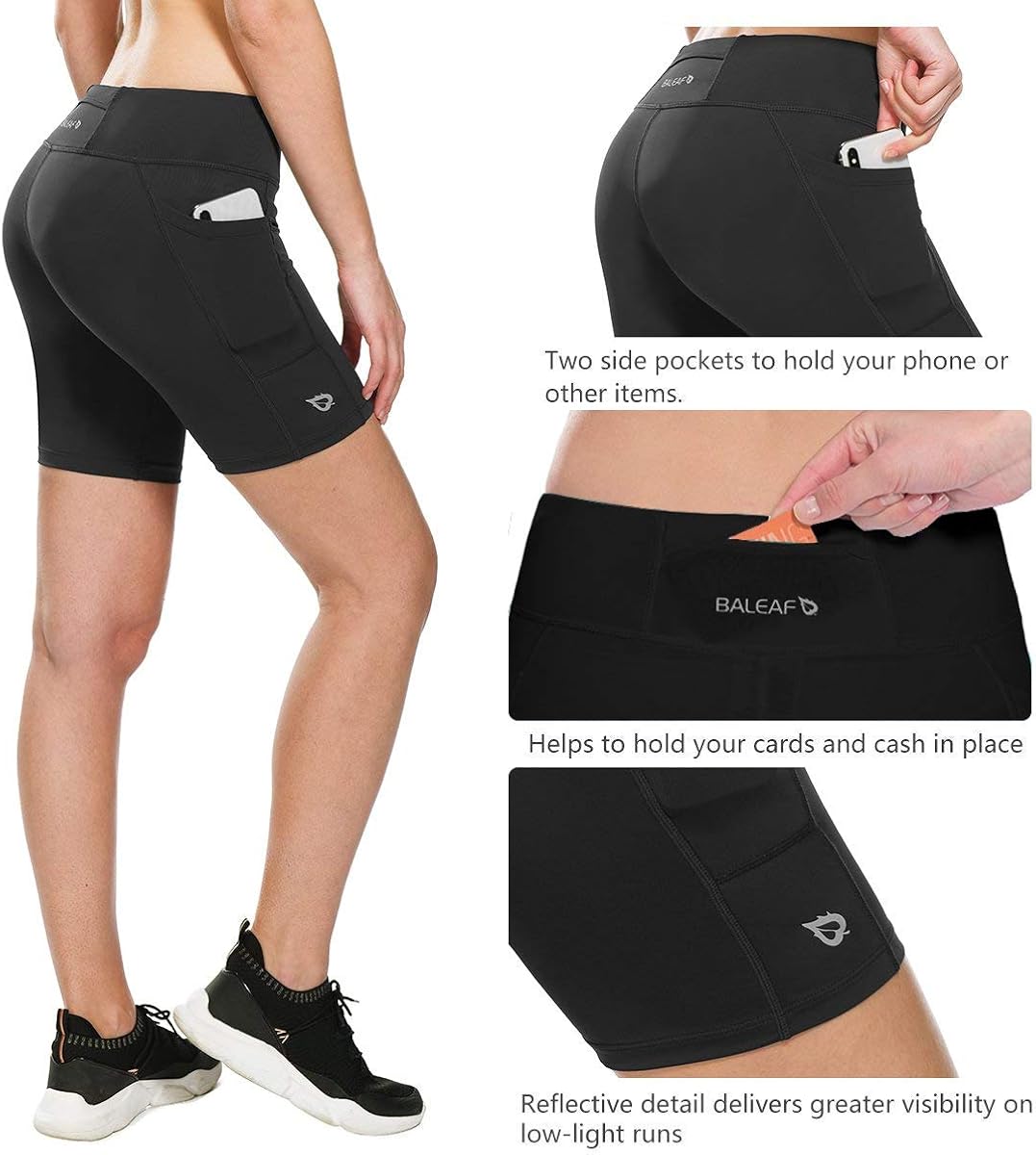BALEAF Women's 7 Inches Long Compression Running Yoga Spandex Shorts Workout Back Pockets : Clothing
