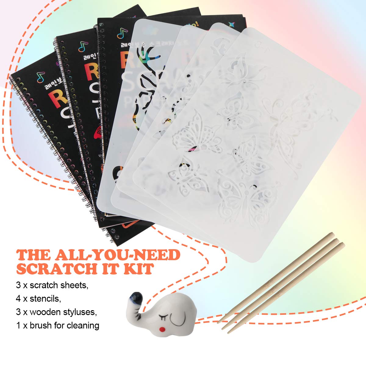 Mocoosy 3 Pack Rainbow Scratch Art Paper Notebooks, Spiral Bound Magic Scratch Book for Kids Arts Crafts Supplies, Black Scratch Note Sketch Pads Artist Drawing Activity Gifts for Boys Girls Ages 3-12