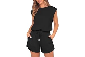 GRECERELLE Rompers For Women 2025 Summer Cap Sleeve Adjustable Drawstring Waistband Cozy Lounge Short Jumpsuit With Pocket