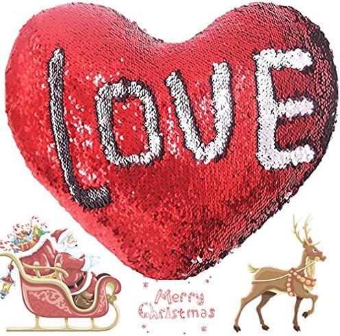 Mermaid Pillow with Pillow Insert by JING GREAT, Two-color Heart Shape Reversible Sequin Throw Pillow 13''×15'' (Red+Silver)