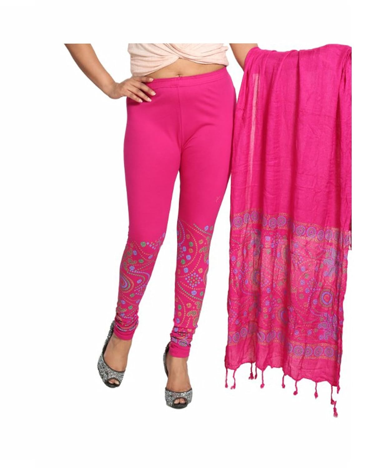 d'zires moniba women's cotton lycra block bandhni print leggings dupatta set