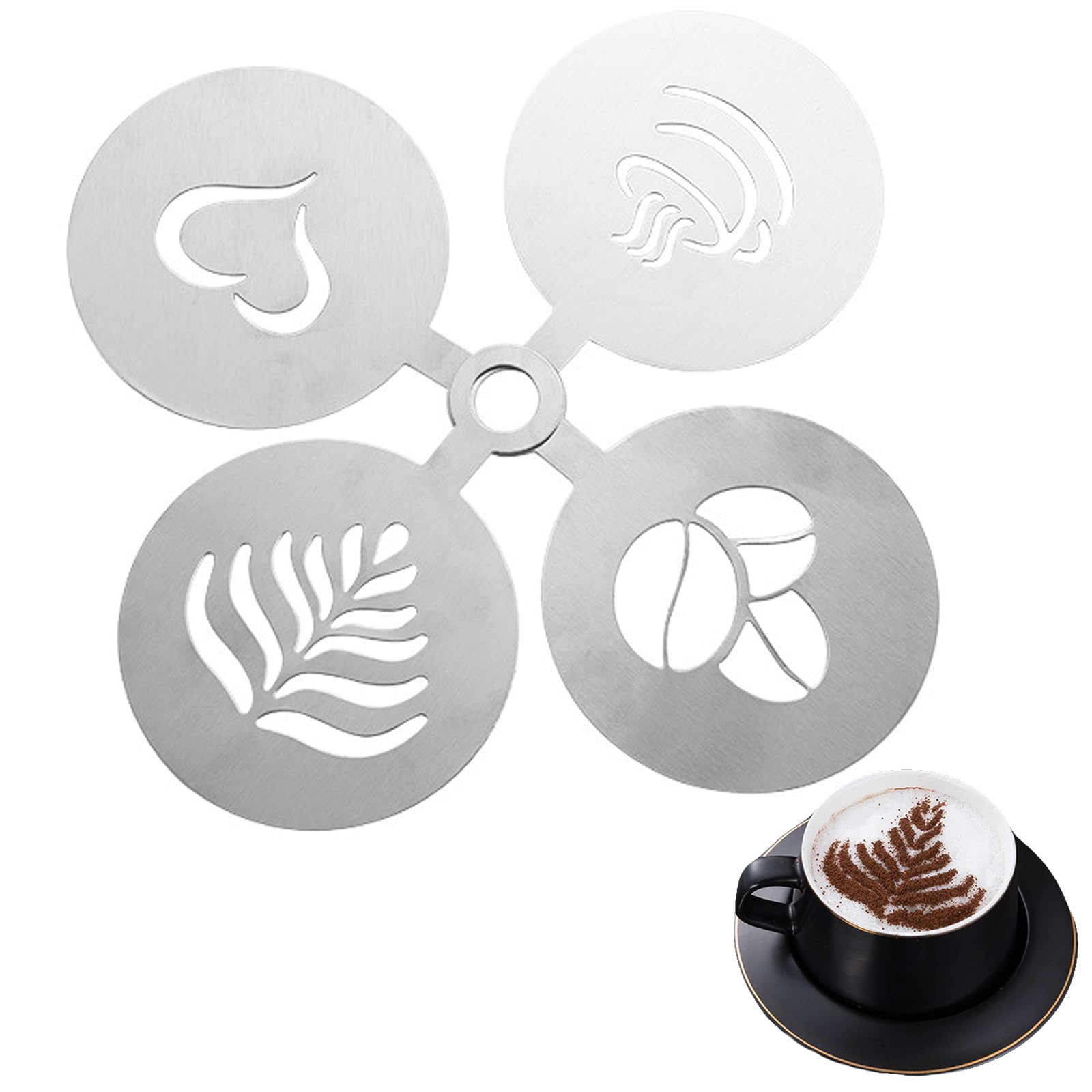 WUDQIJI Stainless Steel Coffee Stencils, Set of 4, Cappuccino Stencils, Coffee Accessories, Coffee Decoration Stencil, Coffee Decorating Stencils, Cake Stencils for Latte Art (Silver)