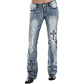 Bootcut Jeans for Women Mid Rise Ripped Distressed Embroidered Cross Jeans Stretchy Fit Denim Long Pants