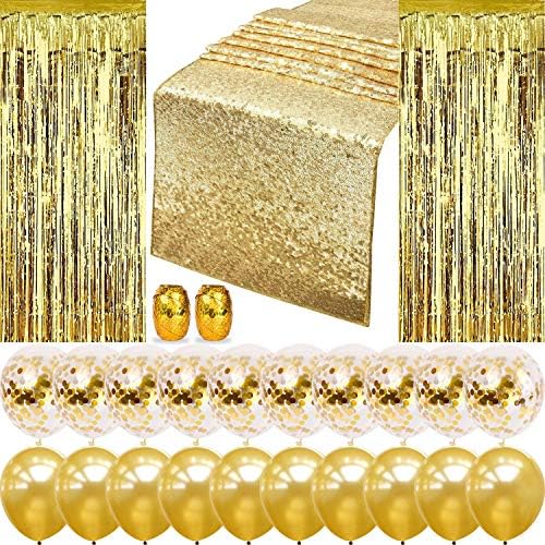 New Year Party Decoration Set, Include 2 Pieces 3 by 8 ft Foil Fringe Door Curtains, 12 by 108 Inches Sequin Table Runner, 20 Pieces Balloons and 2 Rolls Foil Ribbon for Party Supplies (Gold)