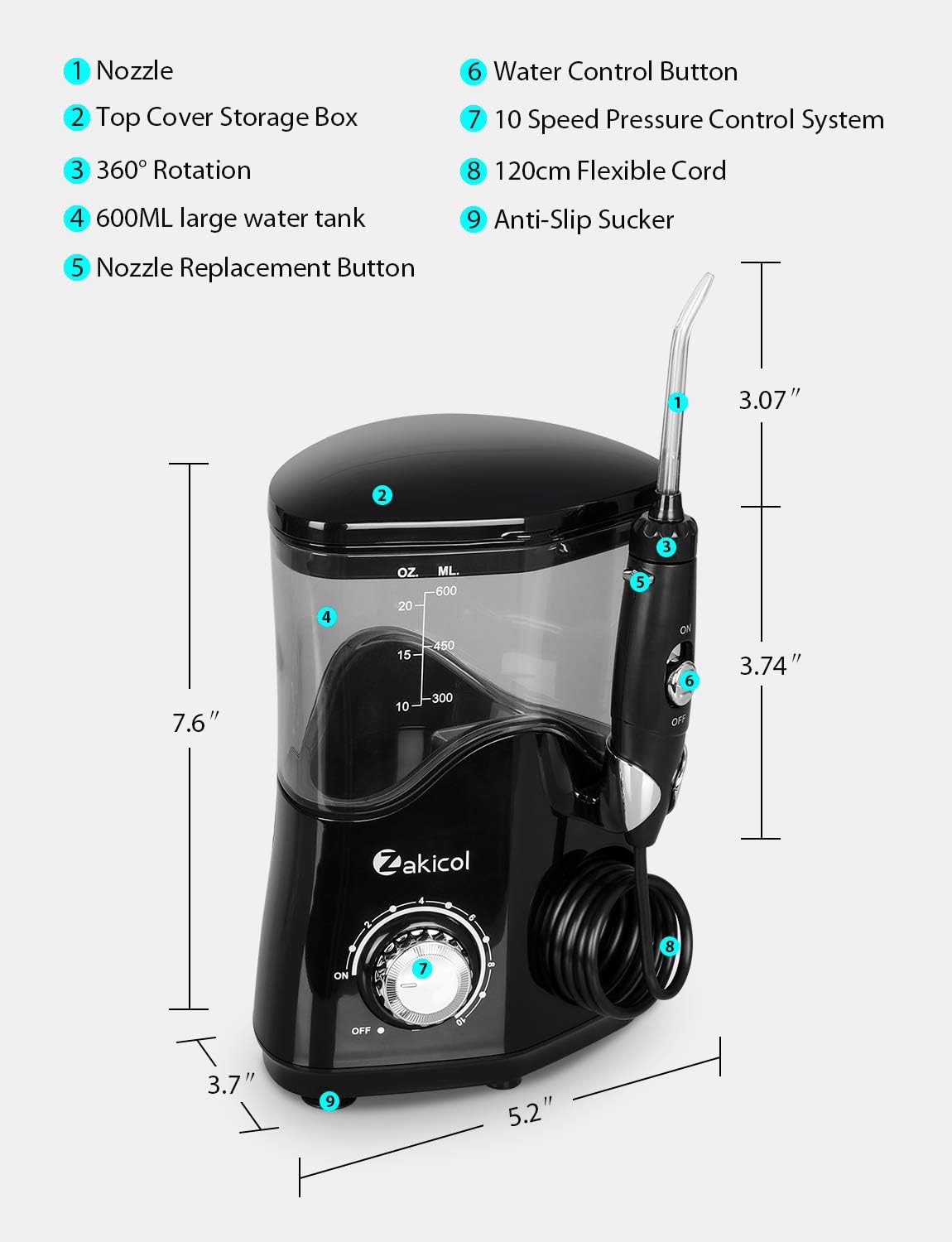 Zakicol Professional Water Flosser for Teeth/Braces, 600ml Countertop Dental Oral Irrigator Anti Leak, Electric Oral Floss Teeth Cleaner, 10 Adjustable Pressure, 7 Multifunctional Jet Tips for Family: Health & Personal Care