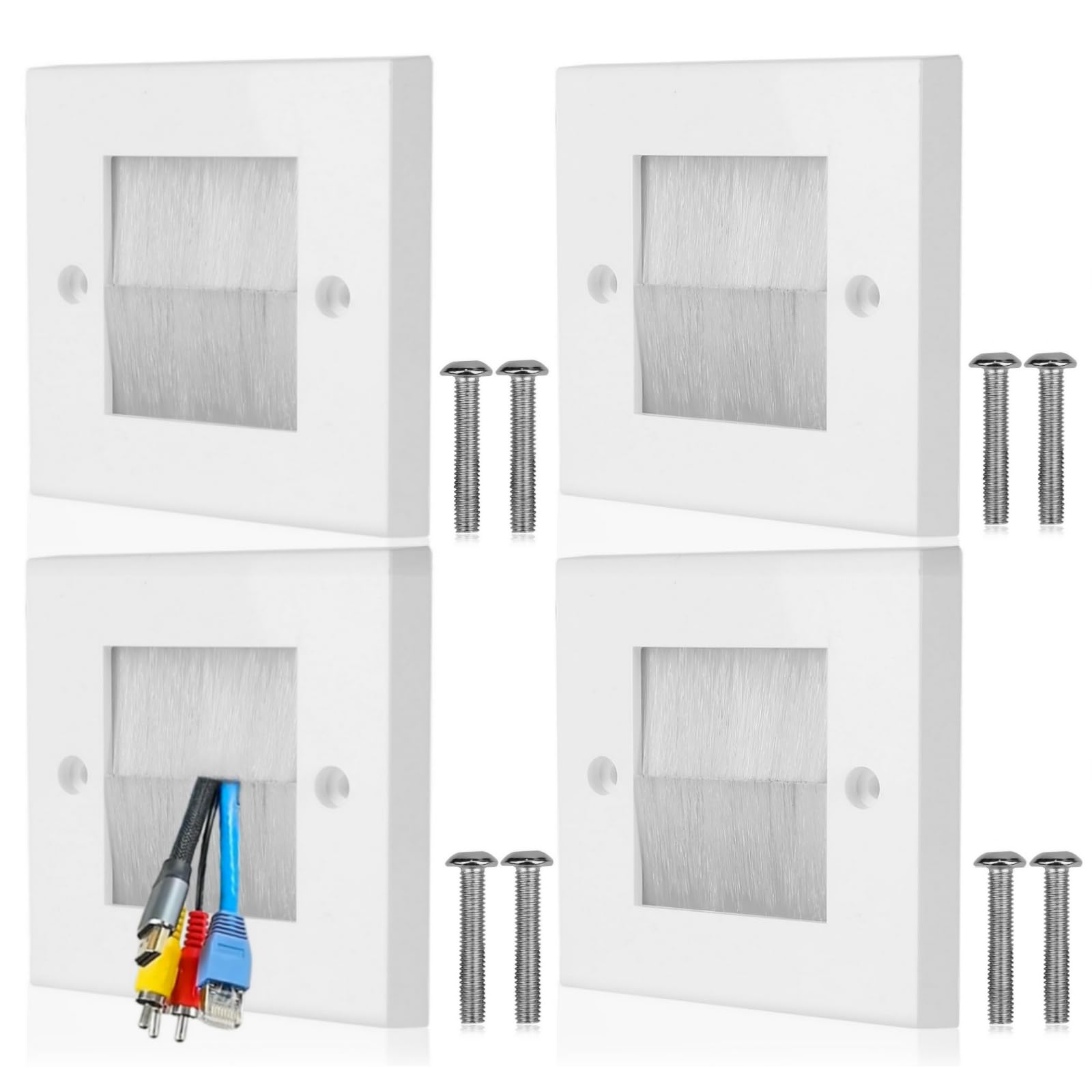4 Pack Flush Brush Wall Plate，Single Gang Wall Mounted Cable Brush Plate for Covering Outlets, Sockets and Tidy Up Wires
