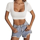 LYANER Women's Summer Crop Tops Square Neck Short Sleeve Workout Shirt Going Out Sexy Top Basic Slim Fit Tees
