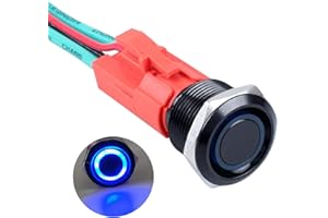 DMWD 19mm Heavy Duty Latching Metal Push Button Switch Waterproof 20Amp 12V-24V ON-Off 1NO 4 Pins with Pre-Wired Socket for 3/4" Mounting Hole Black Shell Halo Ring Blue LED