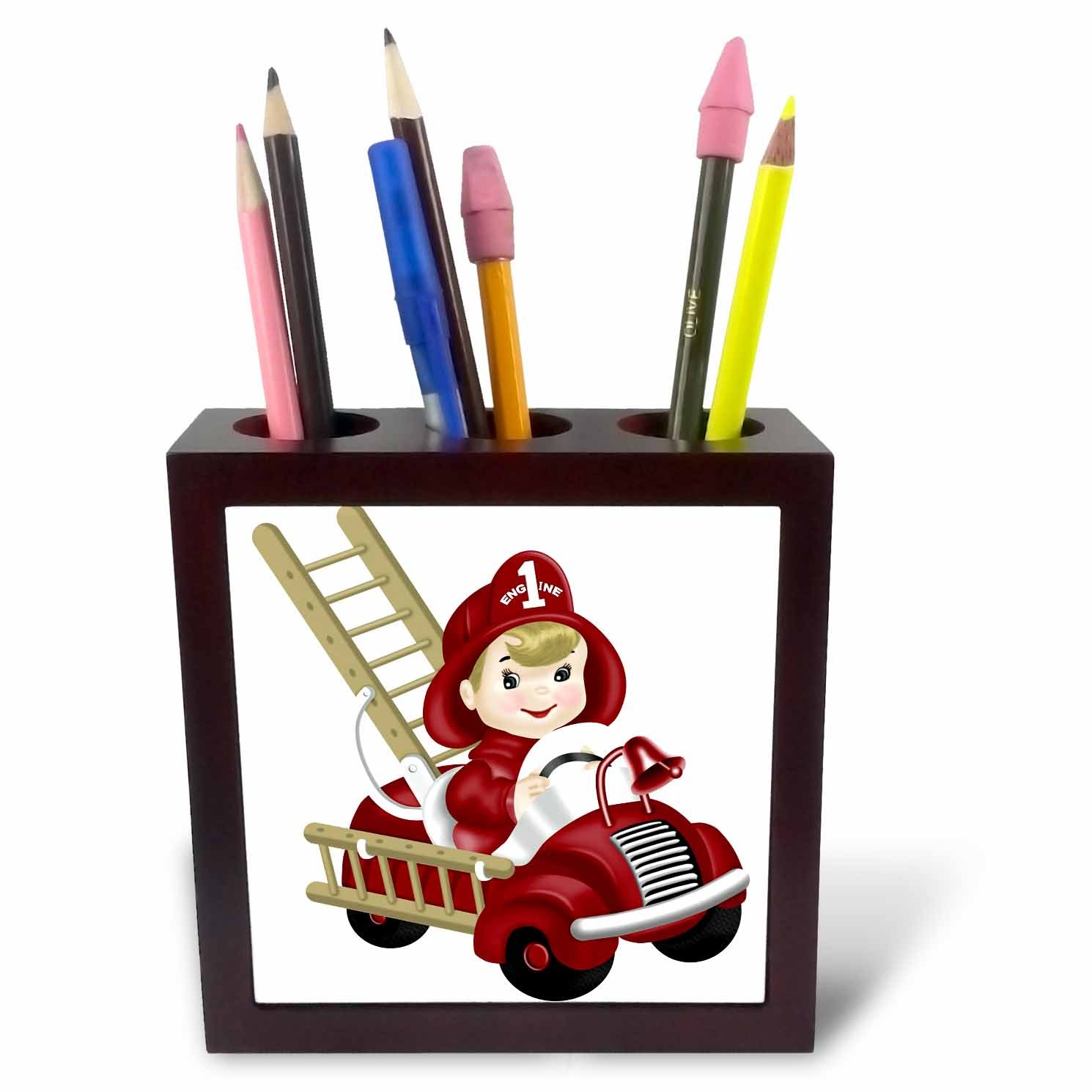 3dRose Cute Firetruck with Little Boy Fireman Illustration Inch (Ph_267643_1), Ceramic, 5" Tiles Pen Holder