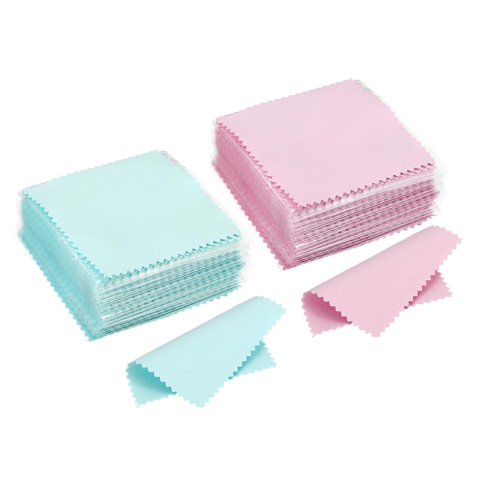 PATIKIL 3.15x3.15" Jewelry Cleaning Cloth, 100Pcs Individually Wrapped Double-Sided Microfiber Polishing Cloth for Silver Gold Brass Platinum Jewelry, Pink/Light Blue