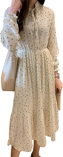 Amazon エムズ モア シフォンワンピース レディース 長袖 春 ミモレ丈 ワンピ ノーカラー 襟 プリーツワンピース 春服 秋 冬 リボン シフォン パーティー パーテイー カジュアル シンプルワンピース マタニティ ママ 服 とろみ 婦人 妊婦 オフィス 通勤 通学 フレア