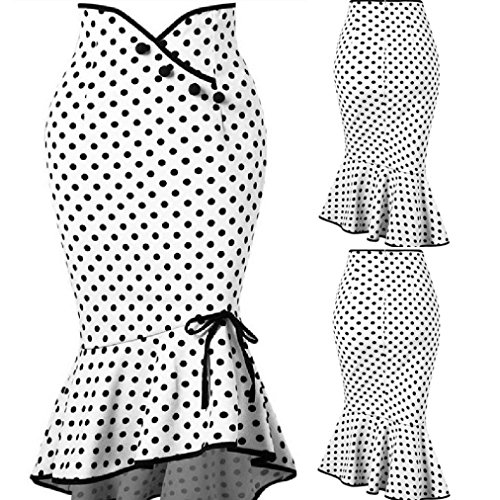 Kinrui Women’s Stretch Pencil Skirt Sexy Polka Dot Botton Ruffles Tight-Fitting Hip Party Skirts (White, 2XL)