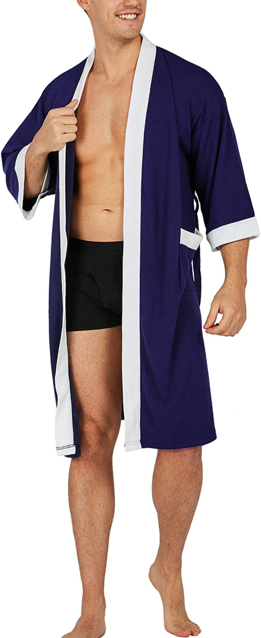 YIMANIE Men's Waffle-Weave Kimono Robe Cotton Spa Bathrobe Lightweight Soft Knee Length Sleepwear (Nary Blue, X-Small)