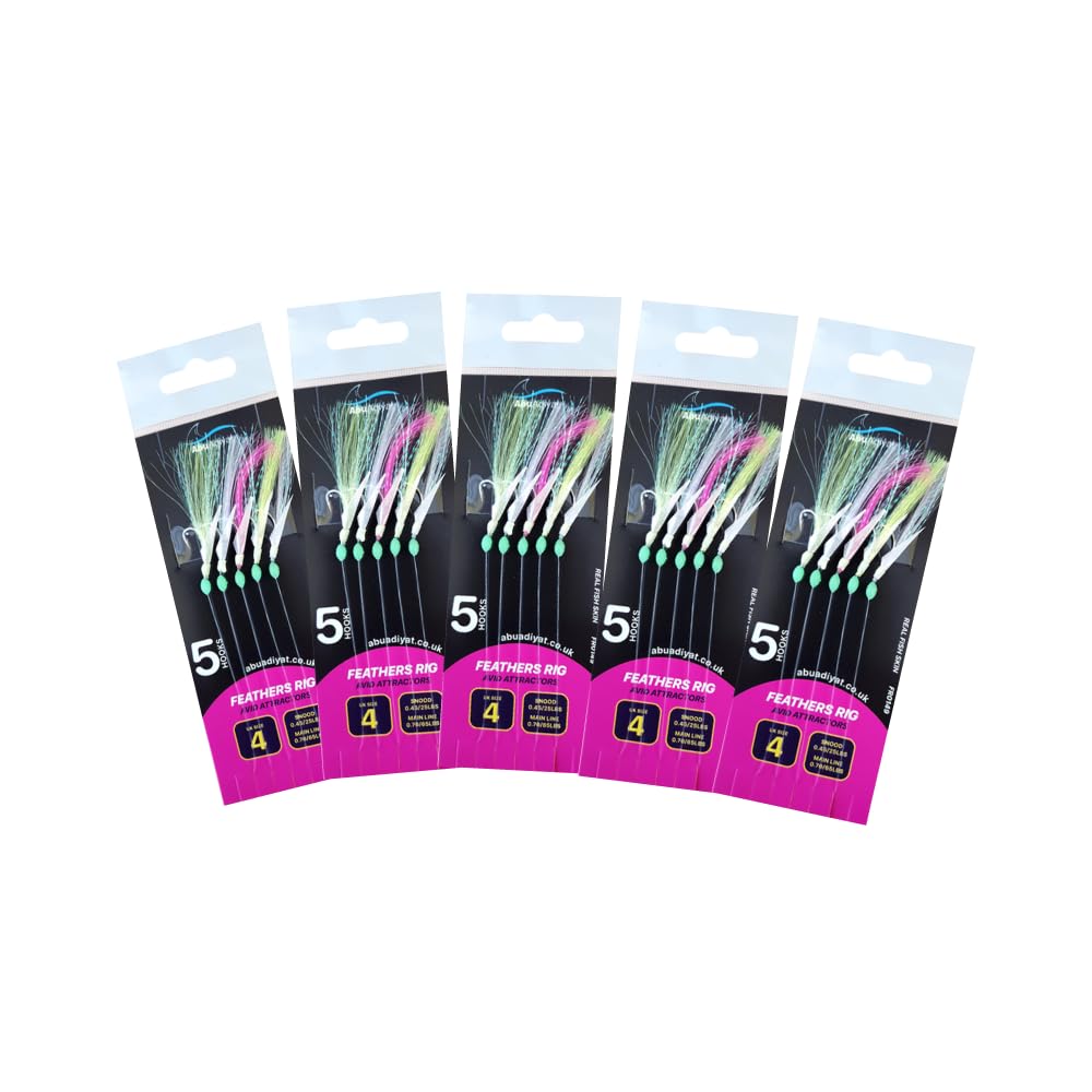 5 hooks Feather Rig Size 4 For Boat Sea And Shore Lure Rig for Mackerel, Horse Mackerel, And Herring (5/10 pack) (Avid attractors)