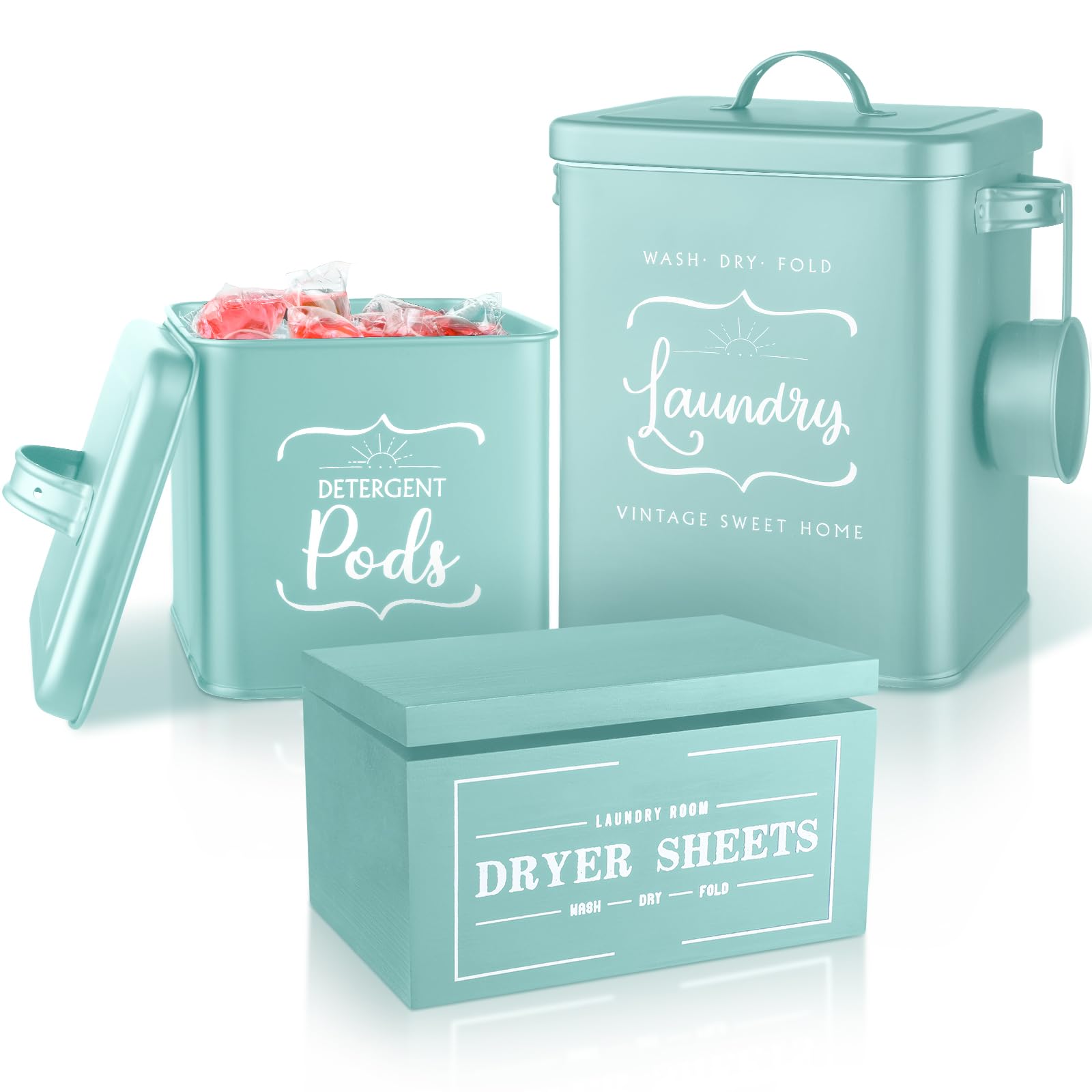 Photo 1 of Rtteri 4 Pack Laundry Detergent Storage Container Metal Pods Bin Holder with Scoop Dryer Sheet Holder with Lid Laundry Detergent Organizer Farmhouse Canisters for Beads Powder Organization (Green)