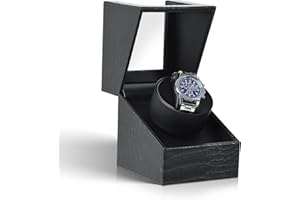 Mono-gatari Single Watch Winder for Automatic Watches with Japanese Quiet Motor, Mechanical Watch Winder Display Case, AC Adapter or Battery Powered, Black Crocodile Pattern Leather