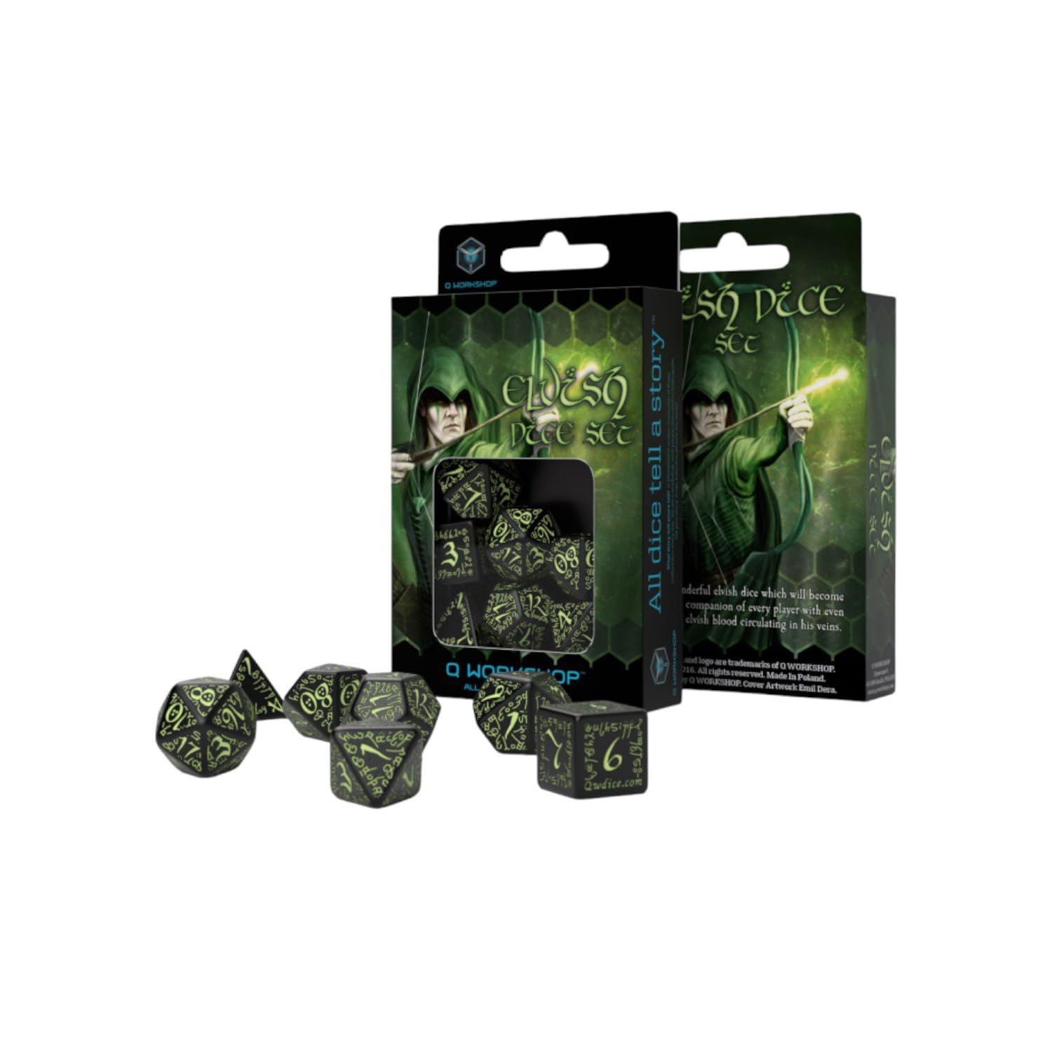 Q WORKSHOP Elven Dice Set Black & Glow in the dark 7 Polyhedral Dice