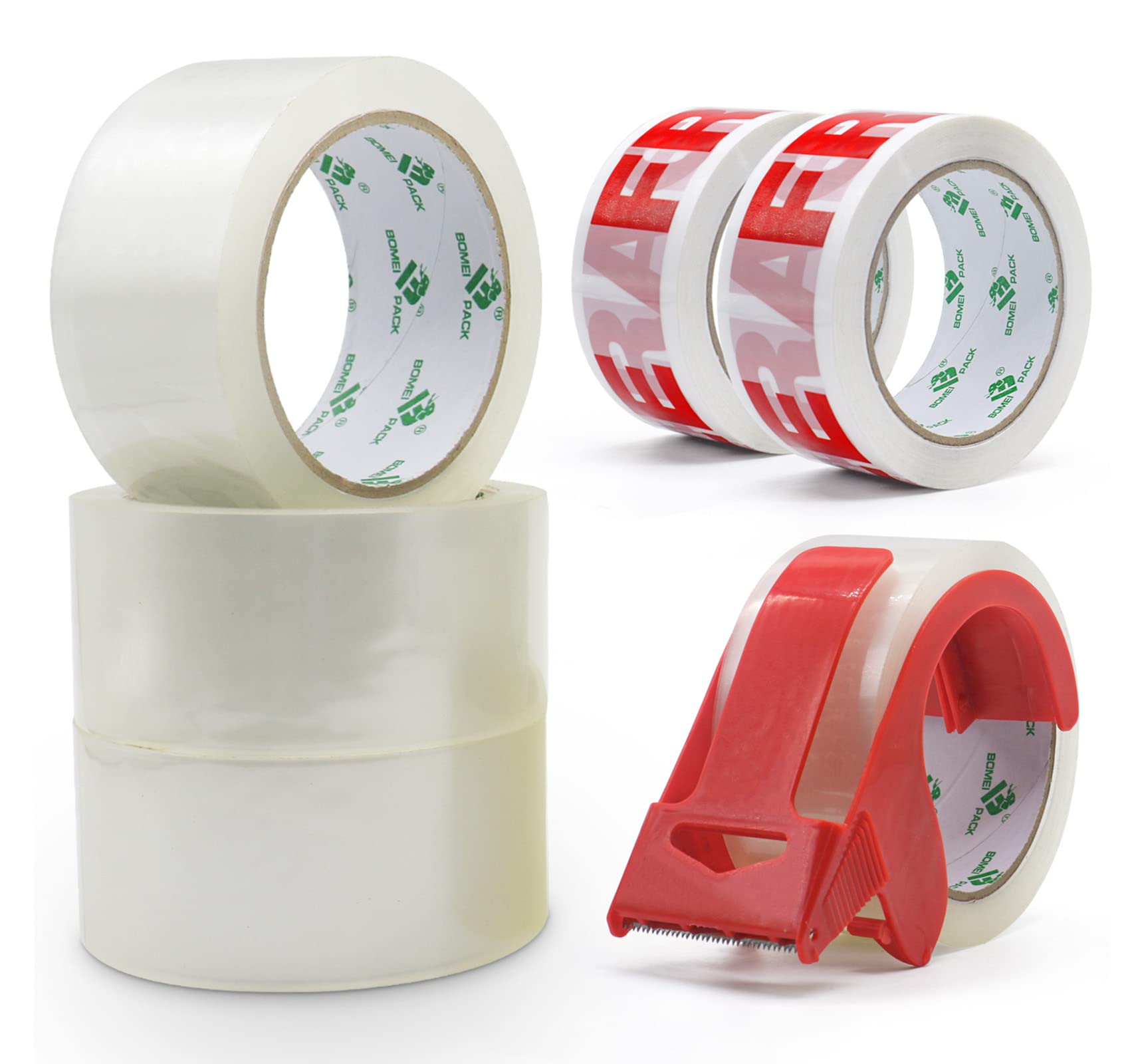 BOMEI PACK 6 Rolls 4 Clear and 2 Fragile with 1 Dispenser,No Bubble Secure and Sticky Packing Tape,Heavy Duty Packaging Tape for Moving,Parcels Sealing,Shipping,45 mic x 48 mm x 66 m