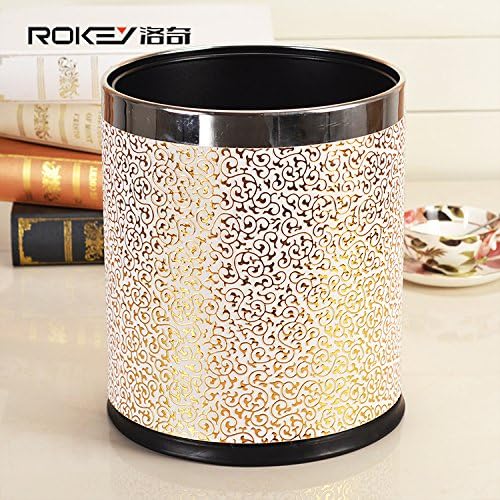 Carved Grain Double Layers Round Pu Leather Trash Can with silver ring Metal Waste Bin Garbage Container Stainless Steel Iron Structure Dustbin case for Home Office (gold carve w/ s.ring)