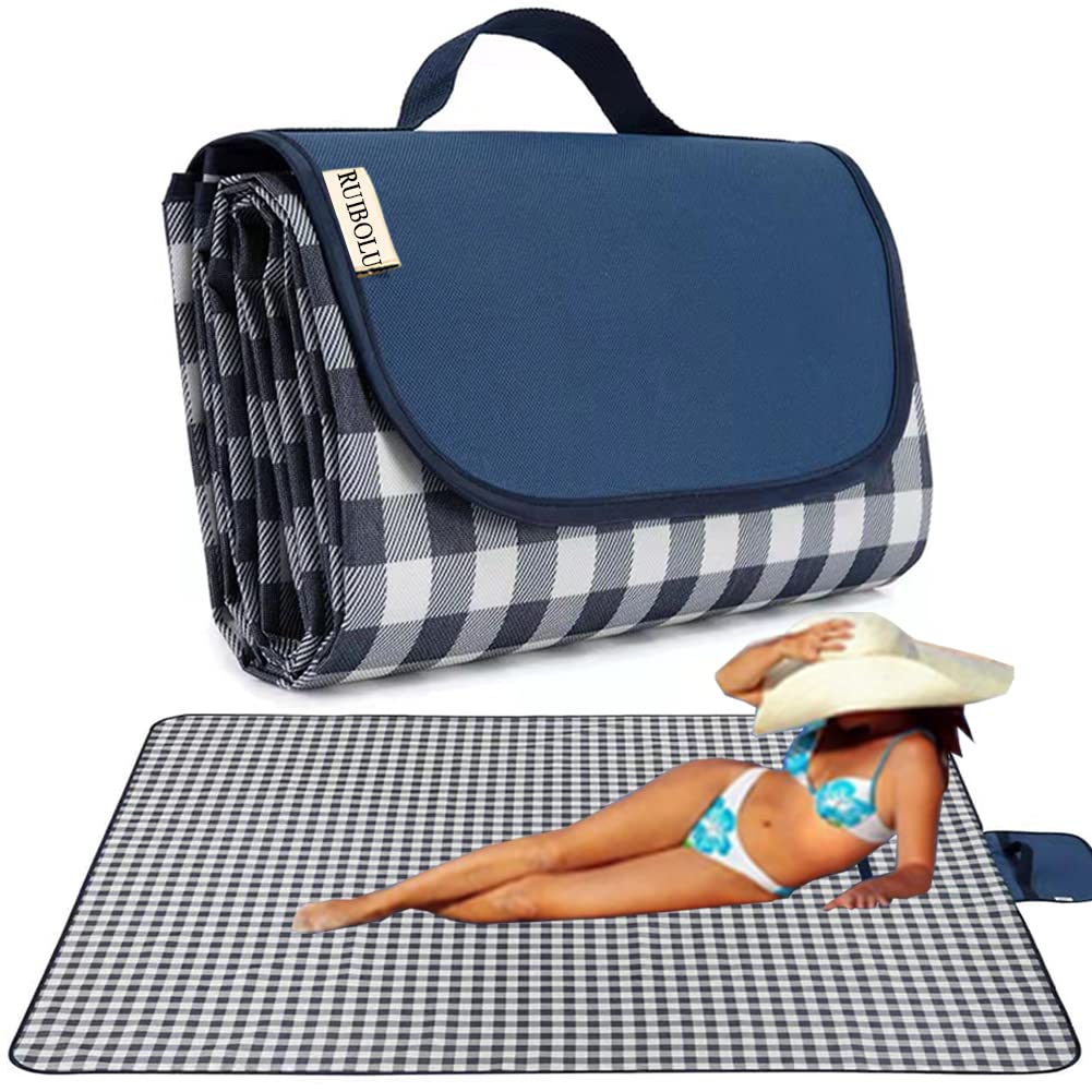 Photo 1 of RUIBOLU Beach Blanket Large Picnic Blankets, 80x60in Sandproof Beach Mat for 2-4 Adults Waterproof Quick Drying Outdoor Picnic Mat for Travel Camping Hiking Festival Park Lawn (Dark Blue Plaids)