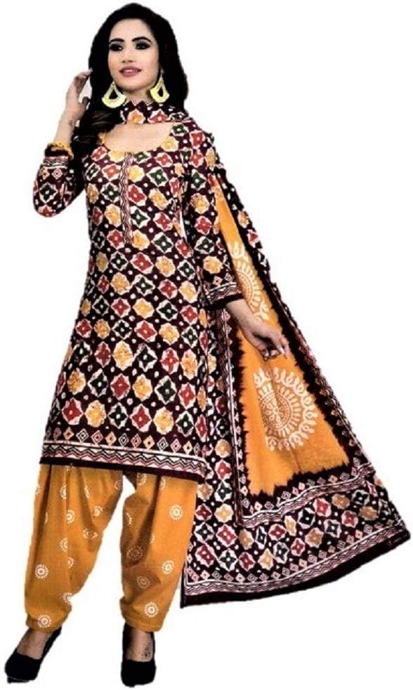 FanduFashion Women's Unstitched Batik Printed Cotton Dress Material for Top; Bottom and Dupatta (Multi Colour; Free Size)