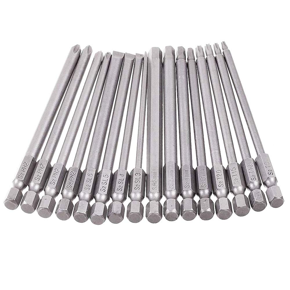 Gasea 16pcs 1/4" Hex Shank 100mm/ 4 Inch Long Magnetic Screwdriver Bits Set Including T8-T20 Security Torx, H3-H6 Hex Head, Cross Philips and SL3-SL6 Flat Head Slotted Tips