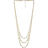 COOLSTEELANDBEYOND Long Chain Statement Necklace, Champagne Crystal Beads Three-Strand, Layered Necklace