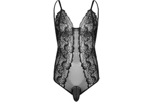 renvena Men's Sheer Lace Sissy Bodysuit Spaghetti Straps Pouch Thongs Leotard Club Nightwear Sleepwear
